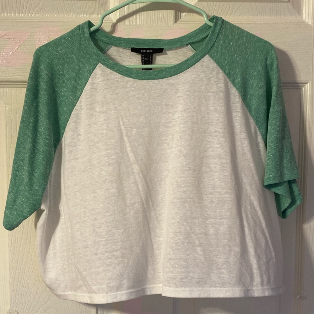 White baseball style tee with green sleeves